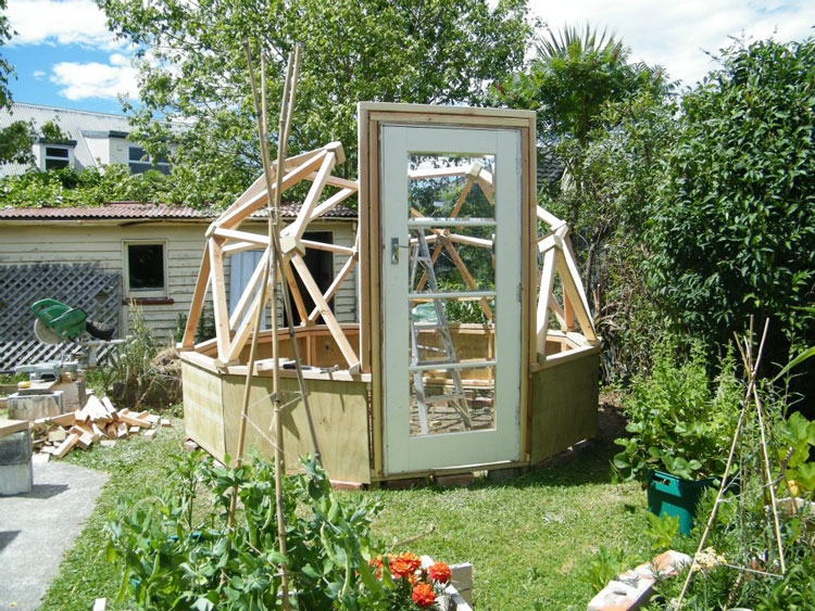 The geodesic dome under construction.