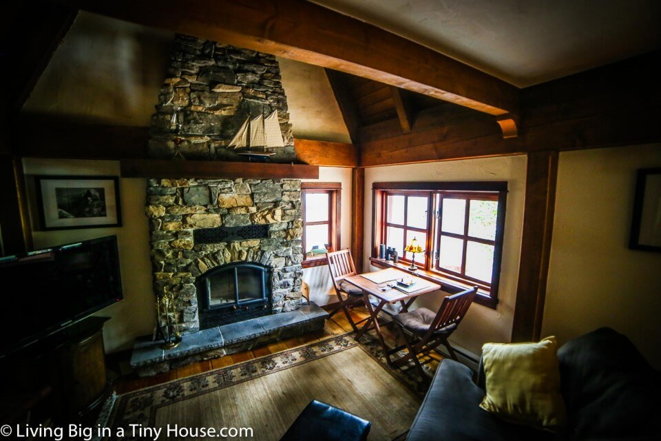 One photo of the fireplace inside the tiny home by the sea.
