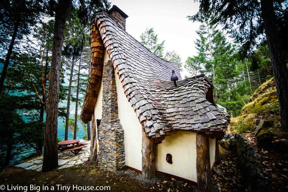 One photo of the tiny home from the side revealing the chimney.